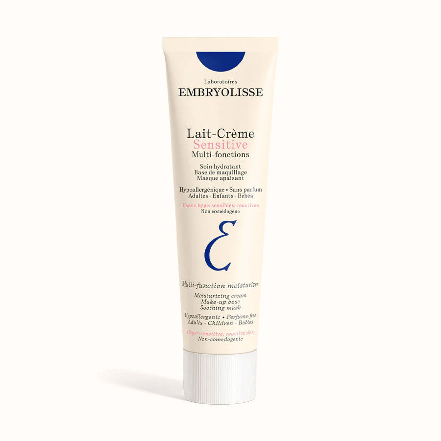 Embryolisse Lait-Crème Sensitive Multi-function moisturizer in a white tube, front view on a white background