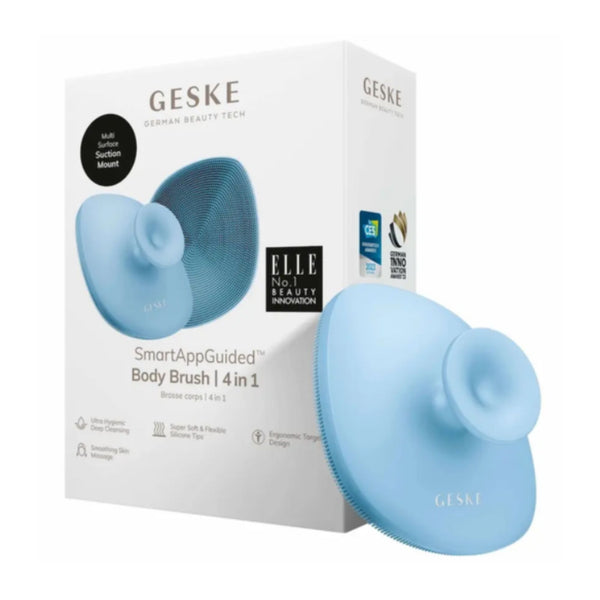 GESKE SmartAppGuided Body Brush 4-in-1 with multi-surface suction mount, shown in its packaging on a white background