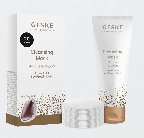 GESKE Cleansing Mask box and tube with cotton pads, featuring Argan Oil & Soy Protein Mask for German Beauty Tech
