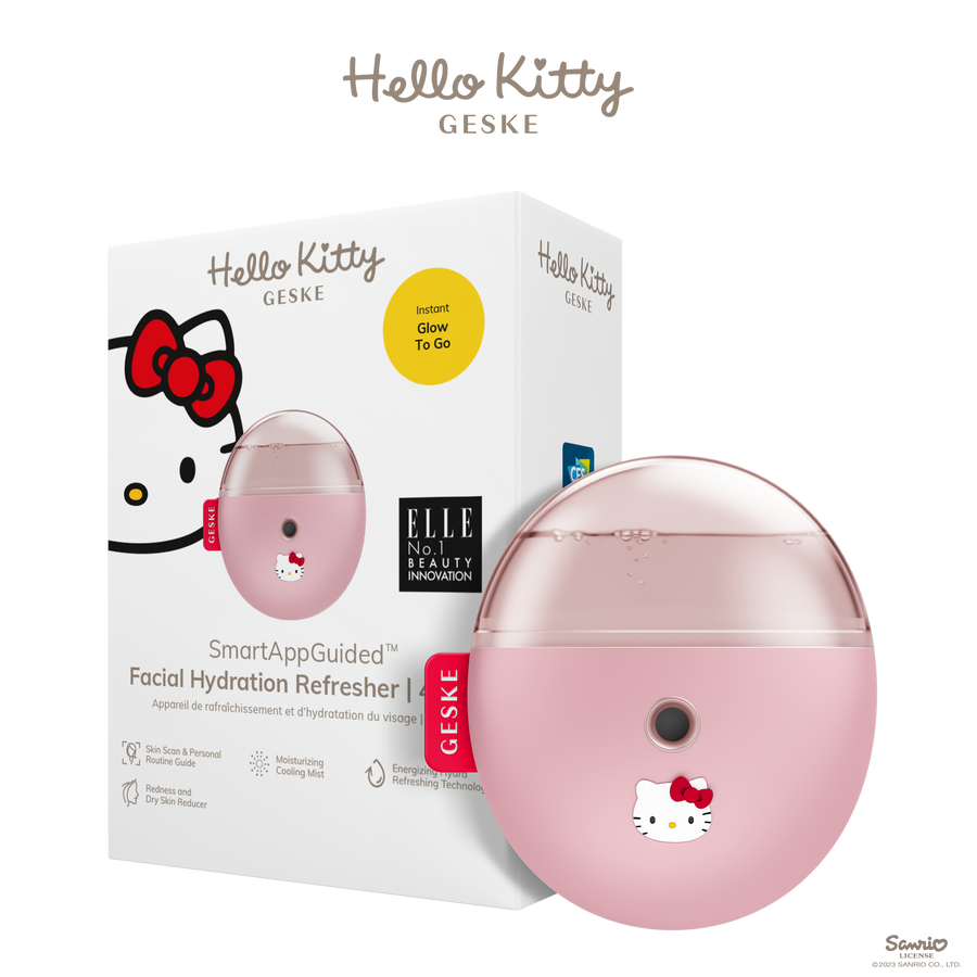 GESKE Hello Kitty SmartAppGuided Facial Hydration Refresher 4-in-1 device and packaging on a white background