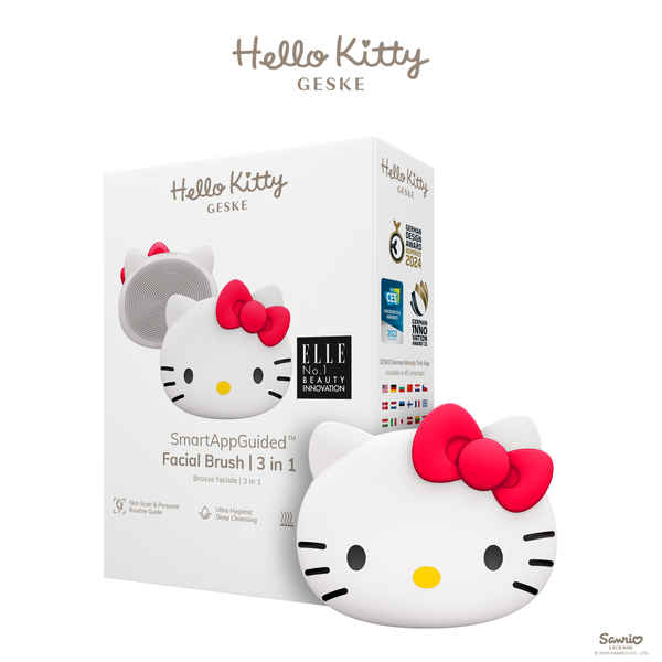 GESKE Hello Kitty Facial Brush 3 in 1 with SmartAppGuided technology, shown in its packaging on a white background