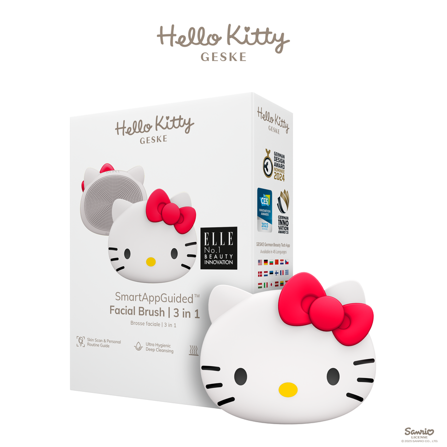 GESKE Hello Kitty Facial Brush 3 in 1 with SmartAppGuided technology, shown in its packaging on a white background