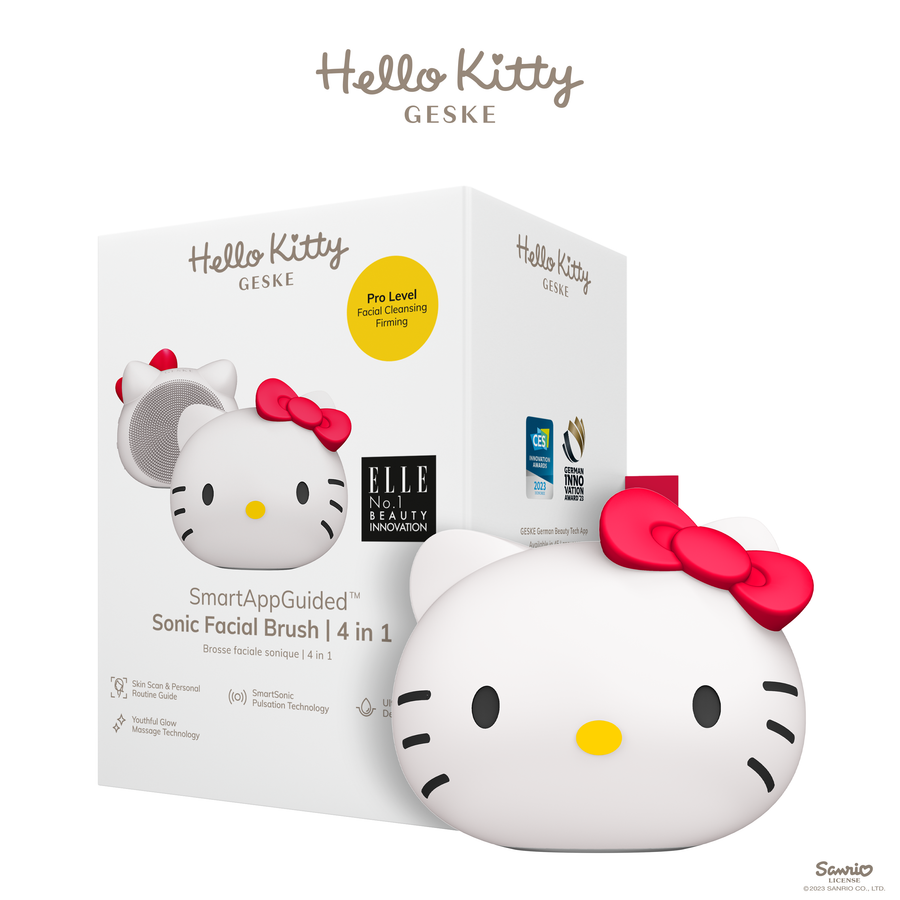GESKE Hello Kitty Sonic Facial Brush 4 in 1 in its packaging, highlighting its features and design