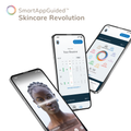 GESKE MicroCurrent Face-Lift Pen 6 in 1 with three smartphones displaying the skincare app interface