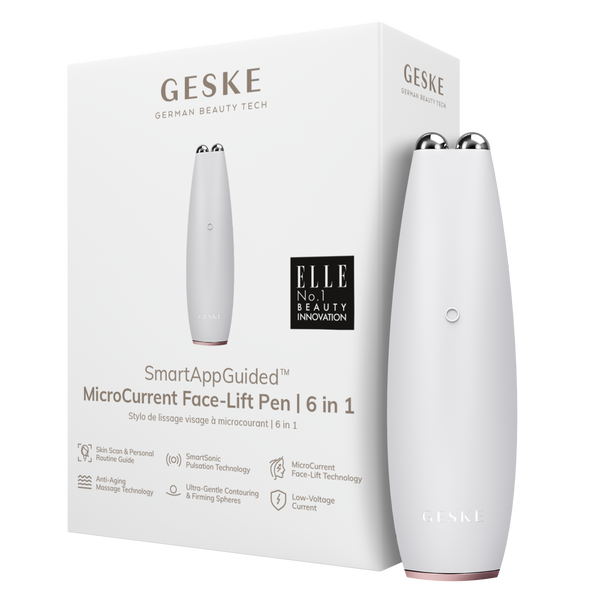GESKE MicroCurrent Face-Lift Pen 6 in 1 in its packaging, showcasing its features and design on a white background