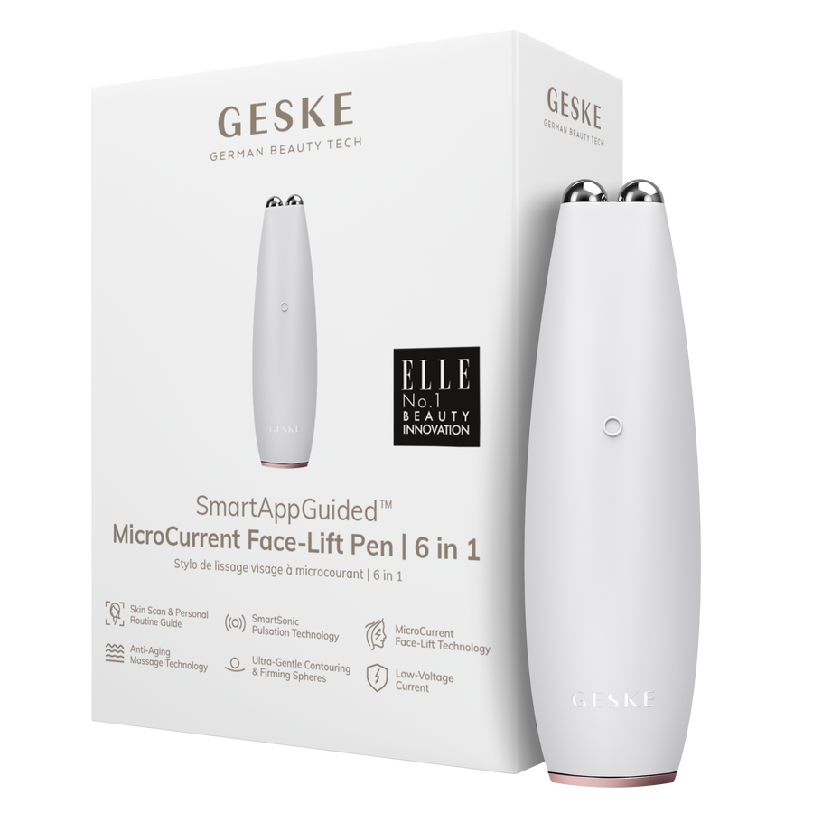 GESKE MicroCurrent Face-Lift Pen 6 in 1 in its packaging, showcasing its features and design on a white background