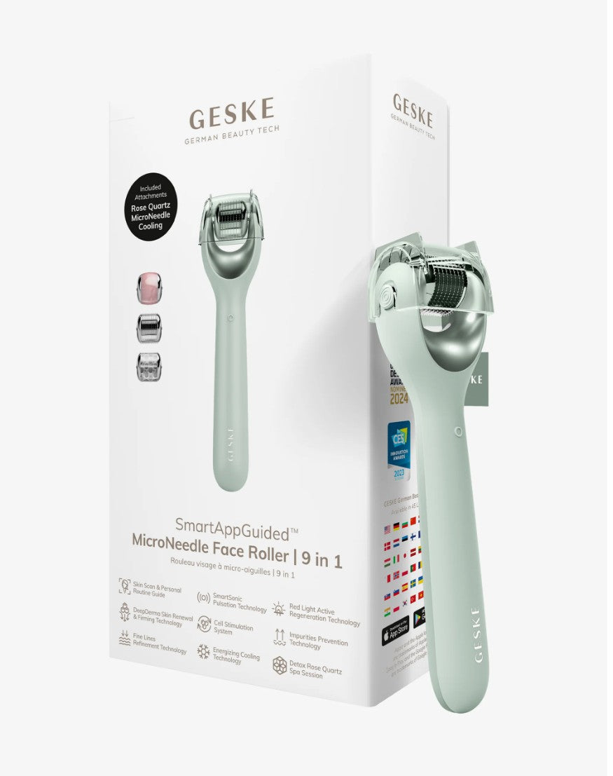 GESKE MicroNeedle Face Roller 9 in 1 with included attachments and SmartAppGuided features on white background