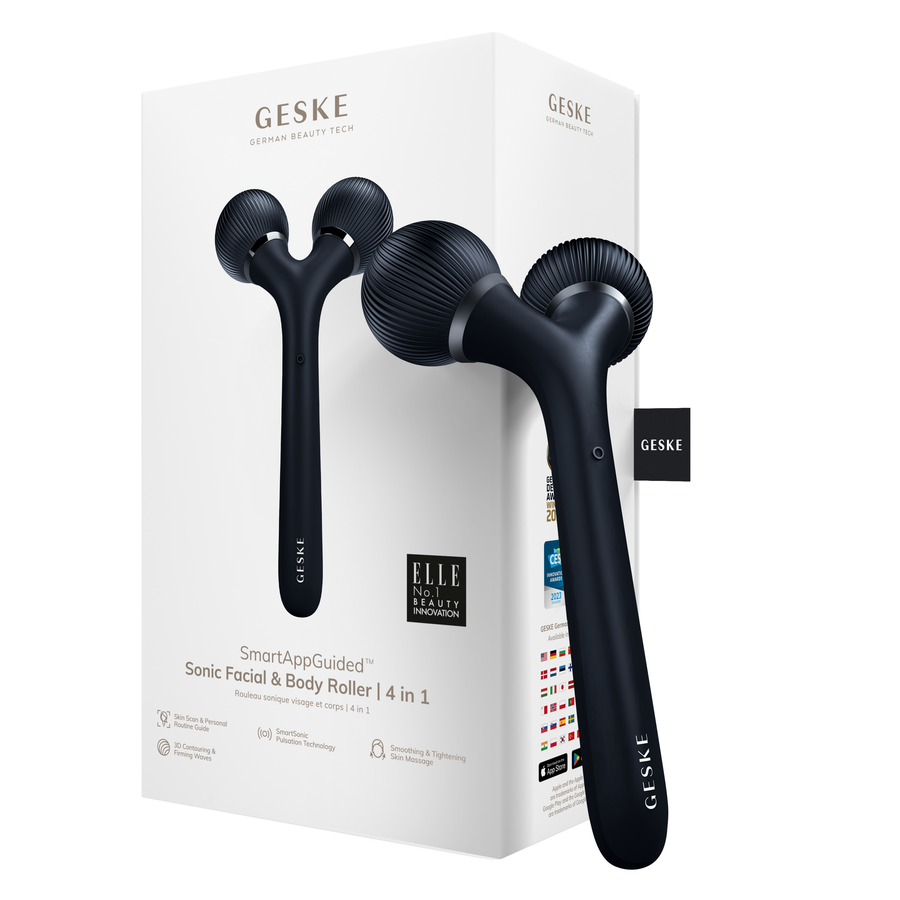 GESKE Sonic Facial & Body Roller 4 in 1 in black, shown in its packaging on a white background