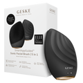 GESKE Sonic Facial Brush 5 in 1 in black and gold, shown in its packaging with product features listed