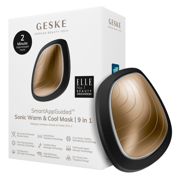 GESKE Sonic Warm & Cool Mask 9 in 1 in gray and gold, shown in its packaging on a white background