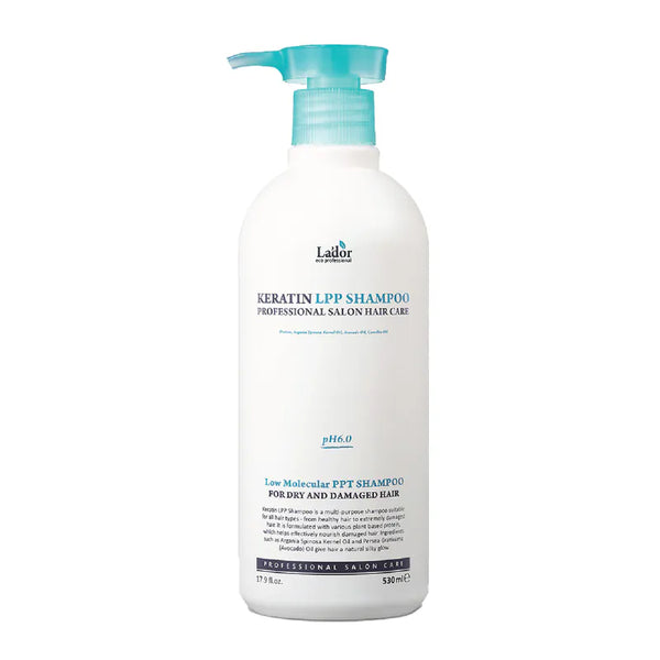 Lador Keratin LPP Shampoo for professional salon hair care, 530ml bottle with pump on a white background