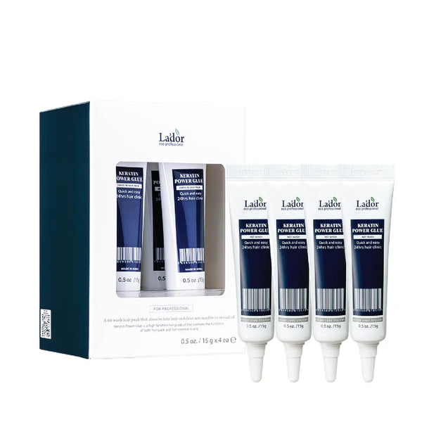 Lador Keratin Power Glue hair treatment set, featuring a box with four tubes and four additional tubes displayed on a white