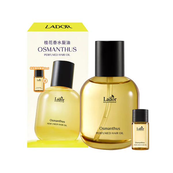 Lador Osmanthus Hair Oil 80ml and 10ml bundle set with packaging on a white background