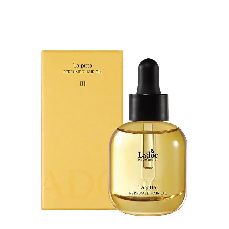 Lador La Pitta Perfumed Hair Oil 30ml in a clear bottle with a black dropper, next to its yellow box on a white background