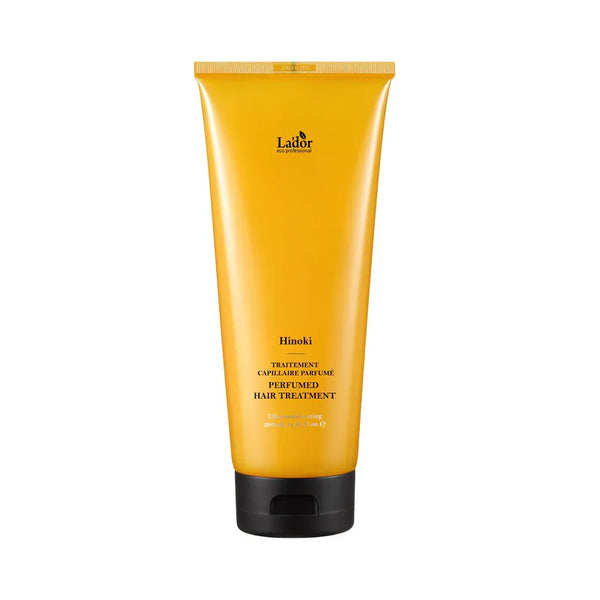 Lador Perfumed Hair Treatment (Hinoki) 380ml in a yellow tube with a black cap on a white background
