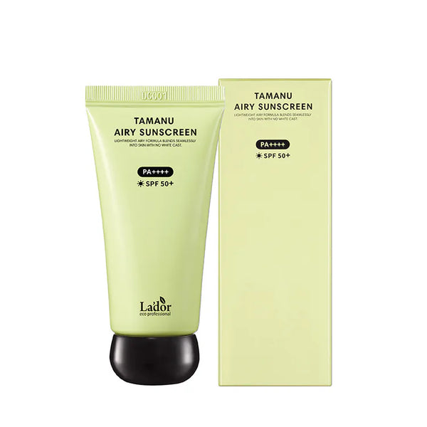 Lador Tamanu Airy Sunscreen tube and box with PA++++ and SPF 50+ on a white background