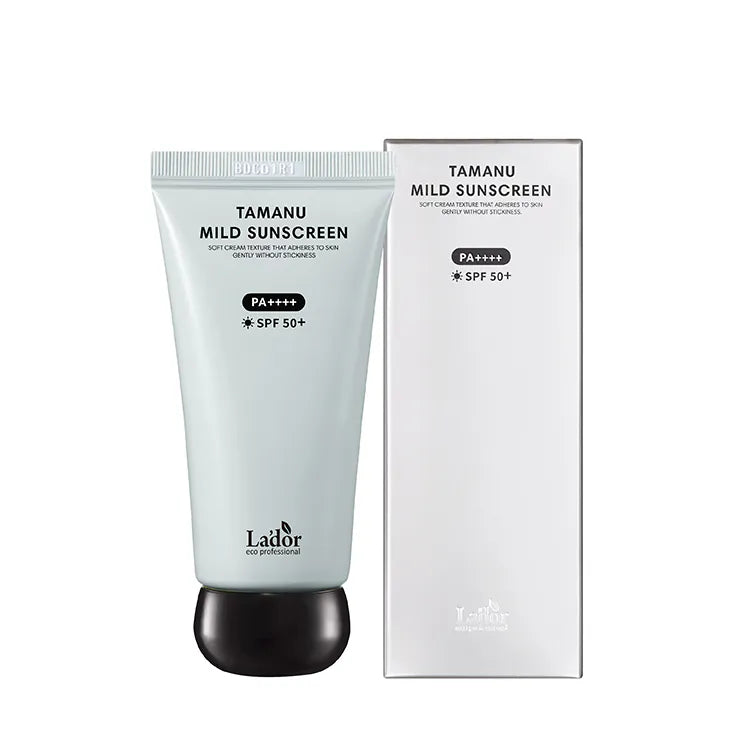 Lador Tamanu Mild Sunscreen with SPF 50+ PA++++ in a light green tube and its white box packaging on a white background