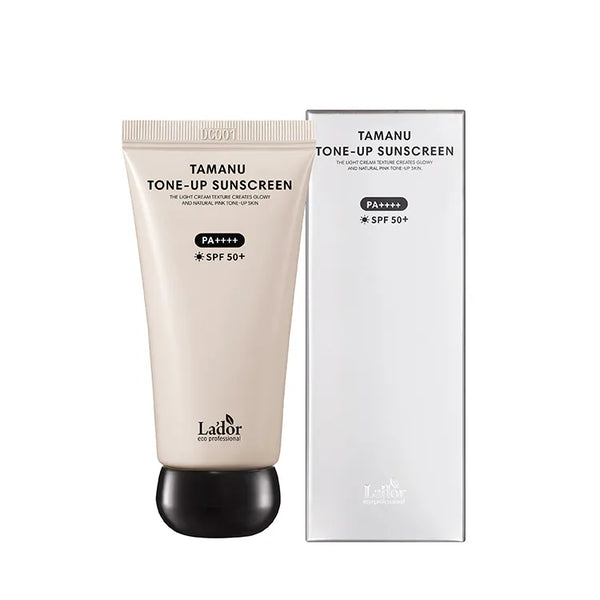 Lador Tamanu Tone-Up Sunscreen tube and box, front view on a white background, showing SPF 50+ PA++++ protection