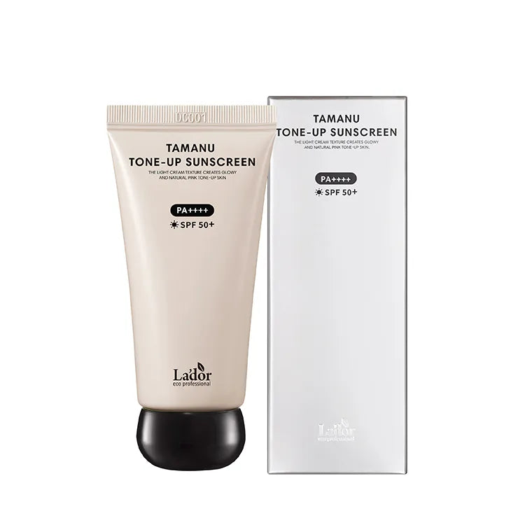 Lador Tamanu Tone-Up Sunscreen tube and box, front view on a white background, showing SPF 50+ PA++++ protection