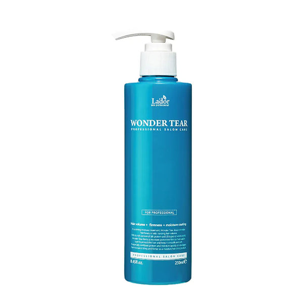 Lador Wonder Tear professional salon care hair treatment in a blue pump bottle on a white background