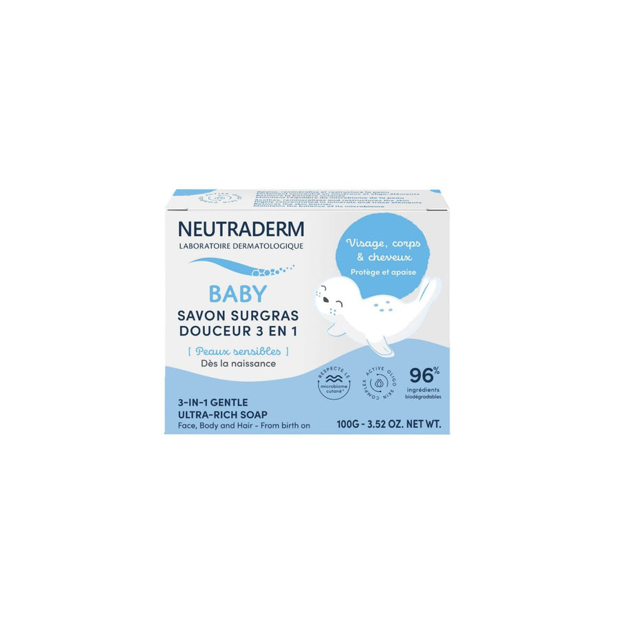 Neutraderm 3 in 1 Gentle Ultra-Rich Soap for face, body, and hair from birth, shown on a white background