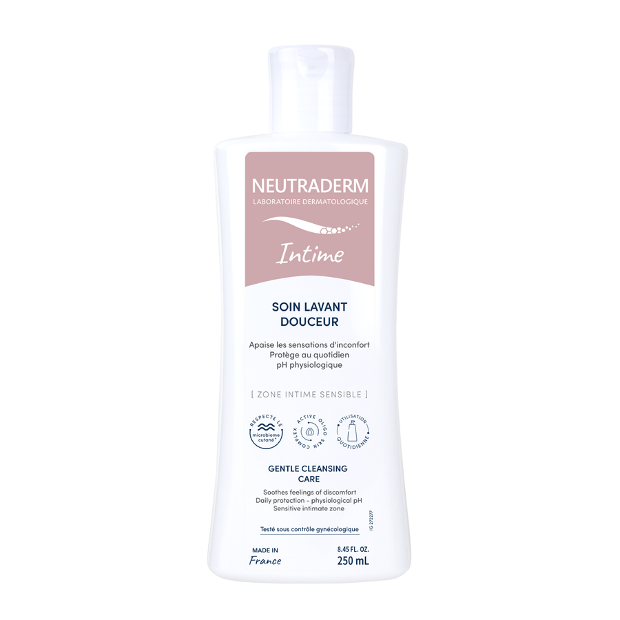Neutraderm Gentle Cleansing Care for sensitive intimate zone, 250ml bottle front view on a white background