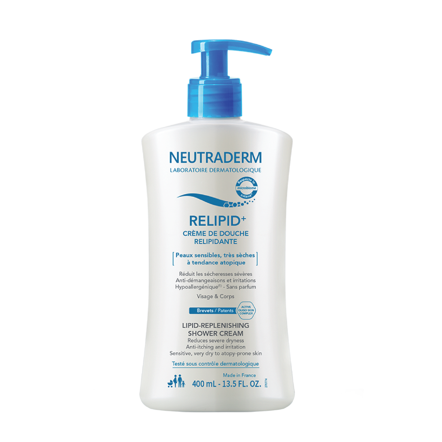 Neutraderm Lipid-Replenishing Shower Cream for sensitive, very dry to atopy-prone skin, 400ml bottle on white background