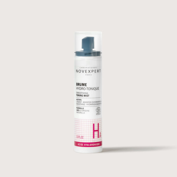 Novexpert Smoothing Toning Mist in a white bottle with a blue cap, front view on a white background
