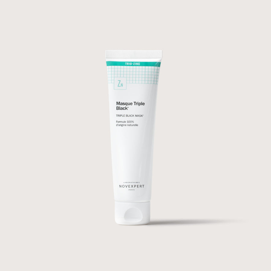 Novexpert Trio Zinc Triple Black Mask in a white tube with a green and white label, front view on a white background