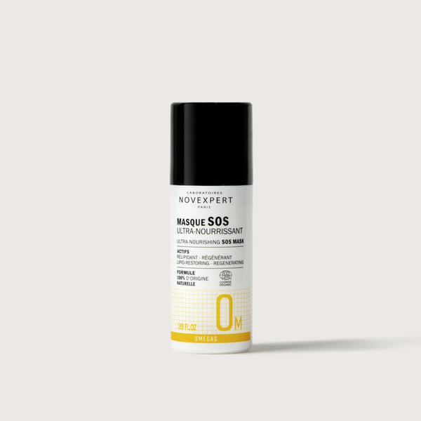 Novexpert Ultra-Nourishing SOS Mask in a white bottle with a black cap, front view on a white background