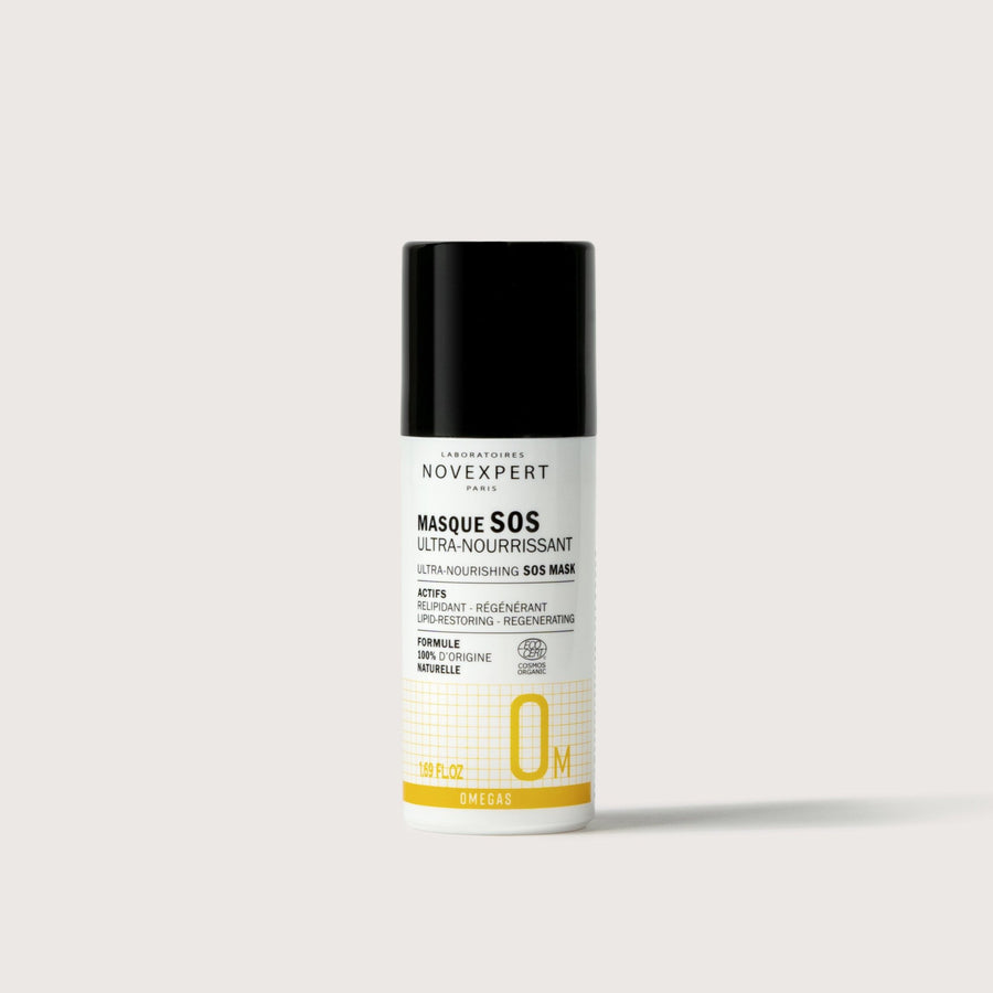 Novexpert Ultra-Nourishing SOS Mask in a white bottle with a black cap, front view on a white background