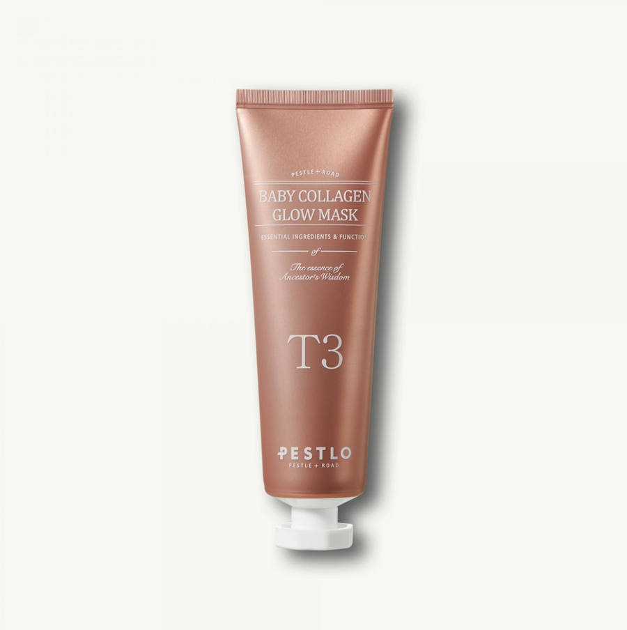 Pestlo Baby Collagen Glow Mask in a rose gold tube with a white cap, presented on a white background