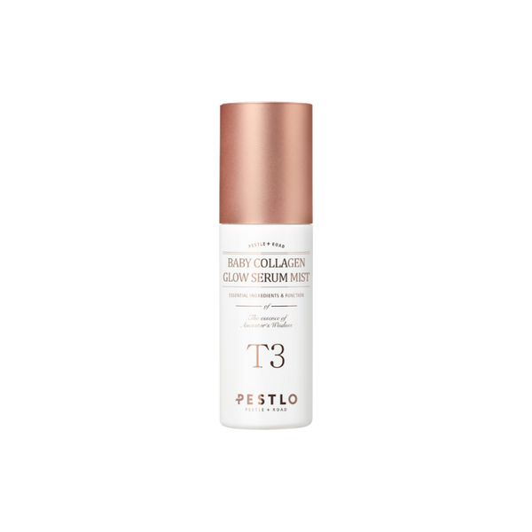 Pestlo Baby Collagen Glow Serum Mist in a white bottle with a rose gold cap on a white background