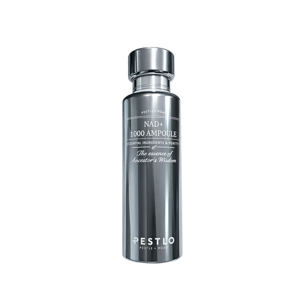 Pestlo NAD+ 1000 Ampoule in a sleek silver bottle, front view on a white background
