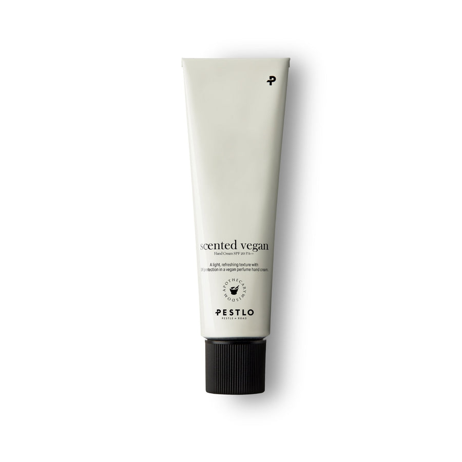 Pestlo Ourecipe Scented Vegan Hand Cream SPF 20 PA++ in a light-colored tube with a black cap on a white background