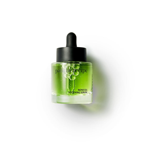 Pestlo Pantherecipe NONICICA Soothing Serum in a clear green bottle with a black dropper on a white background