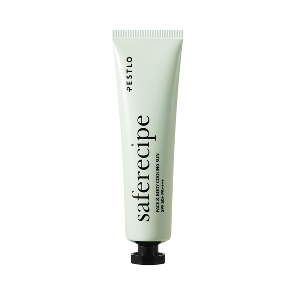 Pestlo Saferecipe Face & Body Cooling Sun SPF50+ PA++++ in a light green tube on a white background