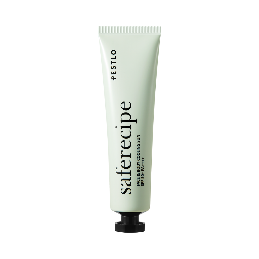 Pestlo Saferecipe Face & Body Cooling Sun SPF50+ PA++++ in a light green tube on a white background