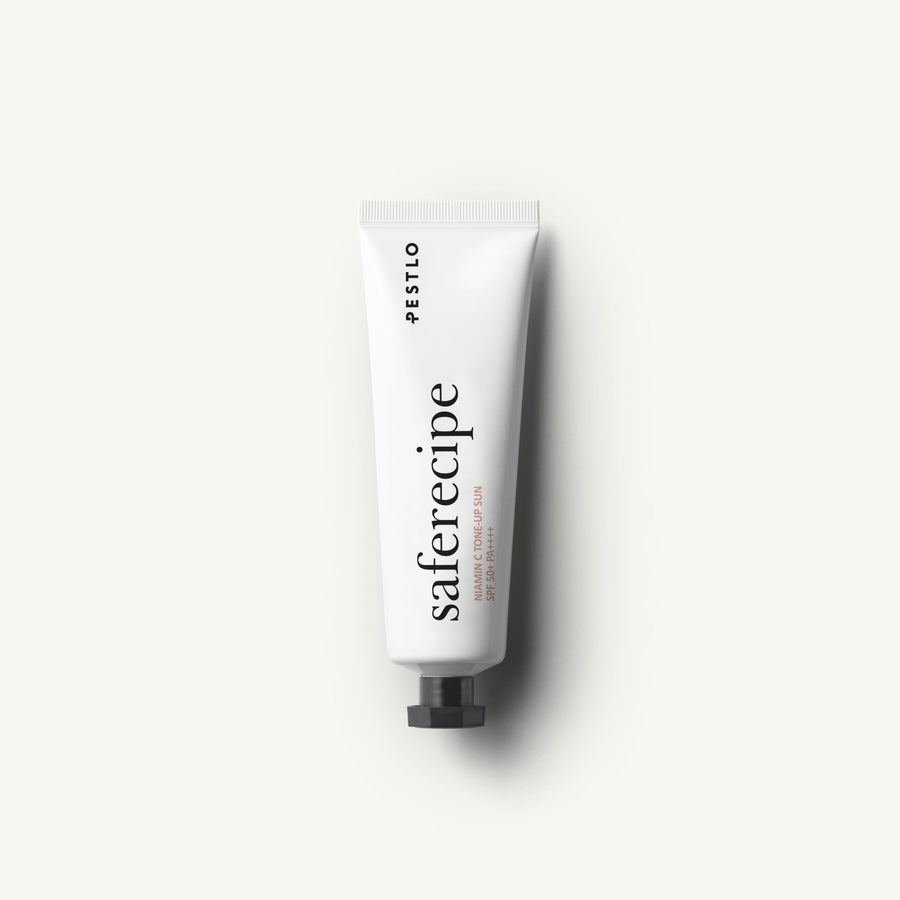 Pestlo Saferecipe Niamin C Tone-up Sun SPF 50+ PA++++ in a white tube, front view on a white background