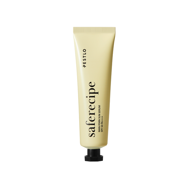 Pestlo Saferecipe NMN PDRN Sun Serum 50ml in a light yellow tube with black cap on a white background