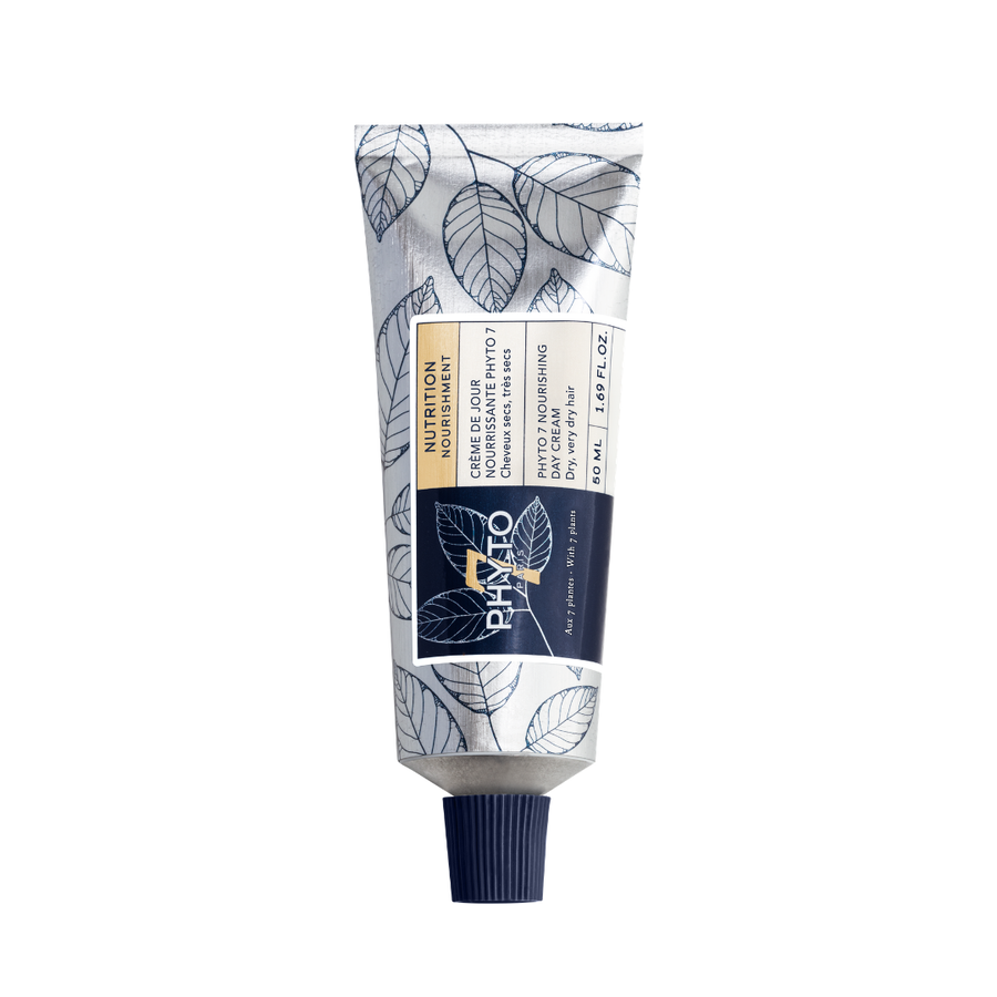 PHYTO Nourishment Day Cream N°7 for dry hair, 50ml tube with leaf pattern on a white background