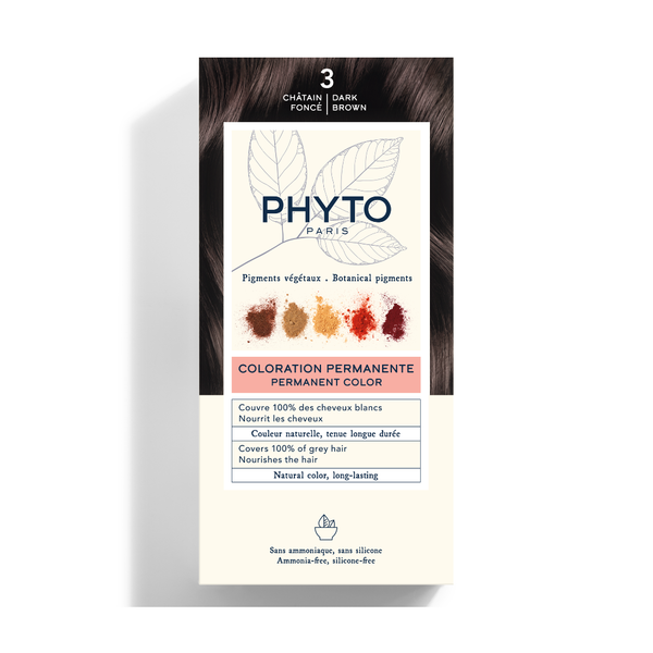 PHYTOCOLOR Permanent Color Kit in 3 Dark Brown, front view of the product packaging on a white background