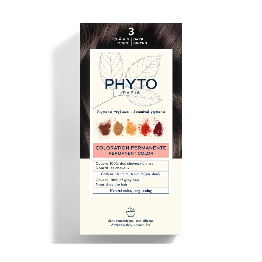 PHYTOCOLOR Permanent Color Kit in 3 Dark Brown, front view of the product packaging on a white background
