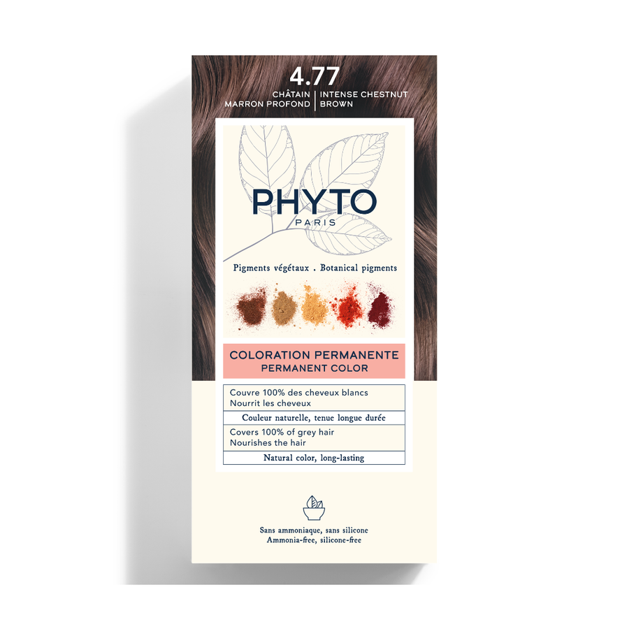 PHYTOCOLOR Permanent Color Kit 4.77 Intense Chestnut Brown box, showcasing botanical pigments and hair color benefits