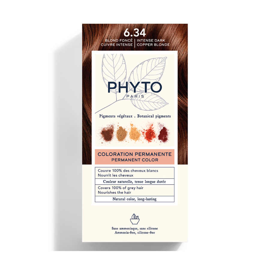 PHYTOCOLOR Permanent Color Kit 6.34 Dark Copper Blonde box with botanical pigments and hair color benefits