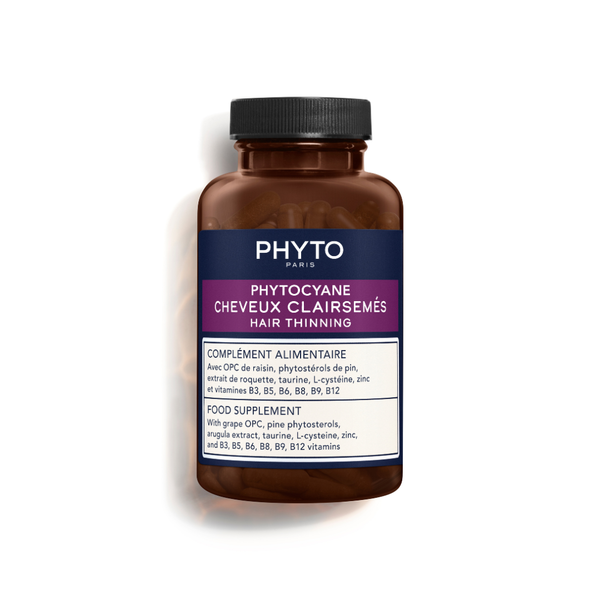 PHYTO PHYTOCYANE Anti-hair loss Food Supplement in a brown bottle with a dark blue label on a white background