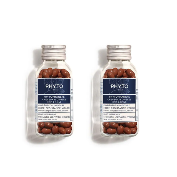 PHYTO PHYTOPHANERE Food Supplement for hair and nails, two bottles on a white background
