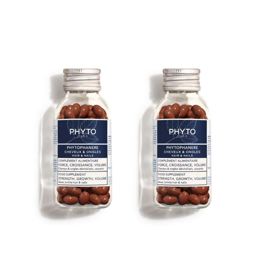 PHYTO PHYTOPHANERE Food Supplement for hair and nails, two bottles on a white background