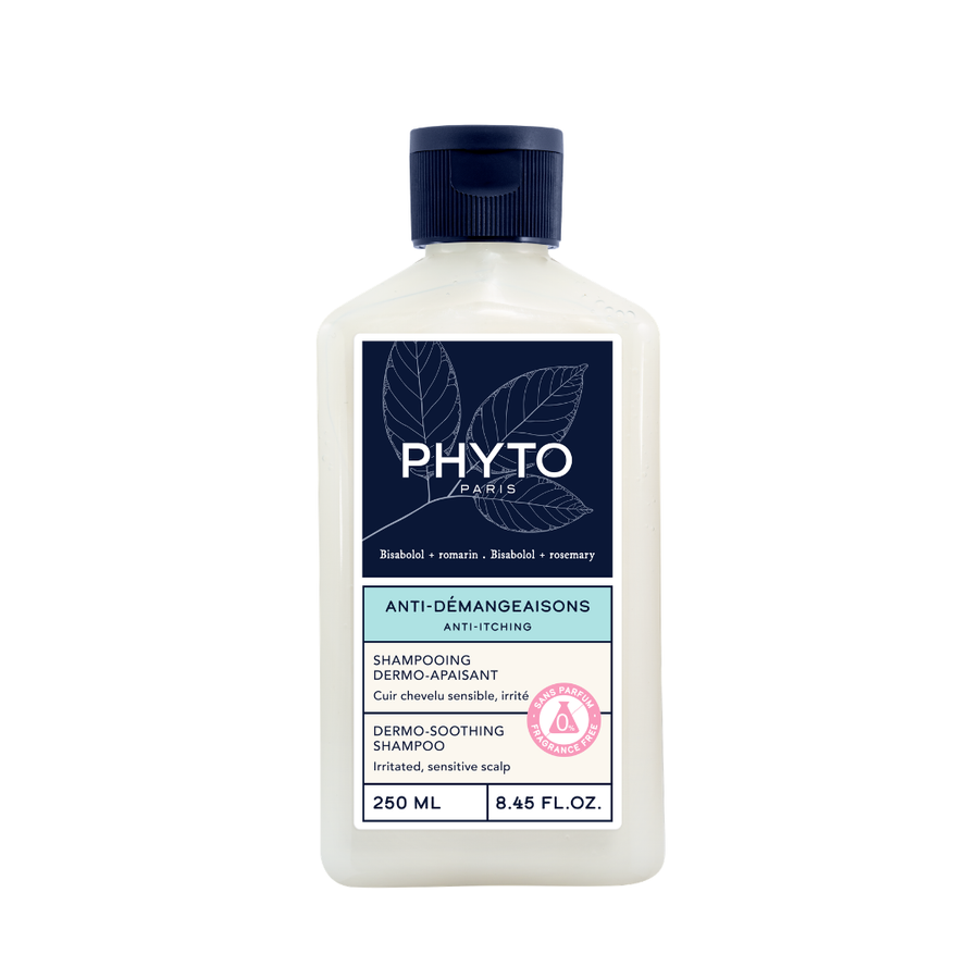 PHYTO SCALP SOLUTION Dermo-Soothing Shampoo 250ml front view on a white background, highlighting its anti-itching properties