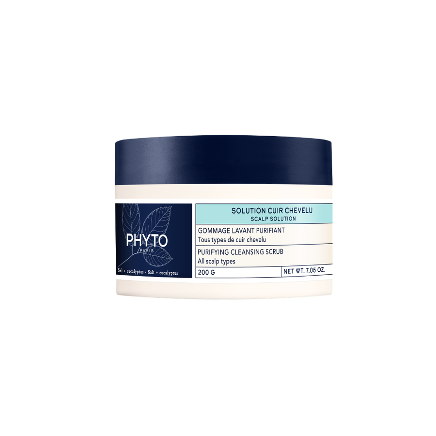 PHYTO SCALP SOLUTION Purifying & Cleansing Scrub 200ml in a white jar with a blue lid, front view on a white background